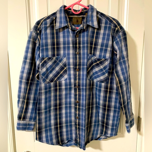 St. John’s Bay Plaid Blue Tan Flannel Button Up Men’s Size Large Tall Shaket - Picture 1 of 4